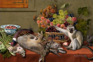 Nature morte avec des légumes de fruits et de l’écureuil de singe vivant et un chat Peinture à l'huile